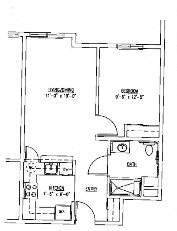 Floor plan for 1 bed, 1 bath, 572 sqft